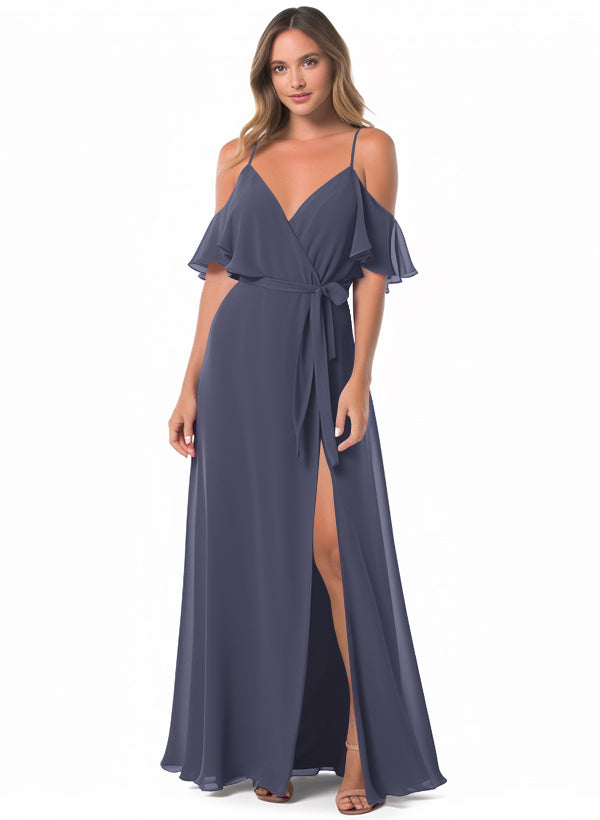 Off-The-Shoulder A-Line Bridesmaid Dresses with Short Sleeves and Split Front in Chiffon