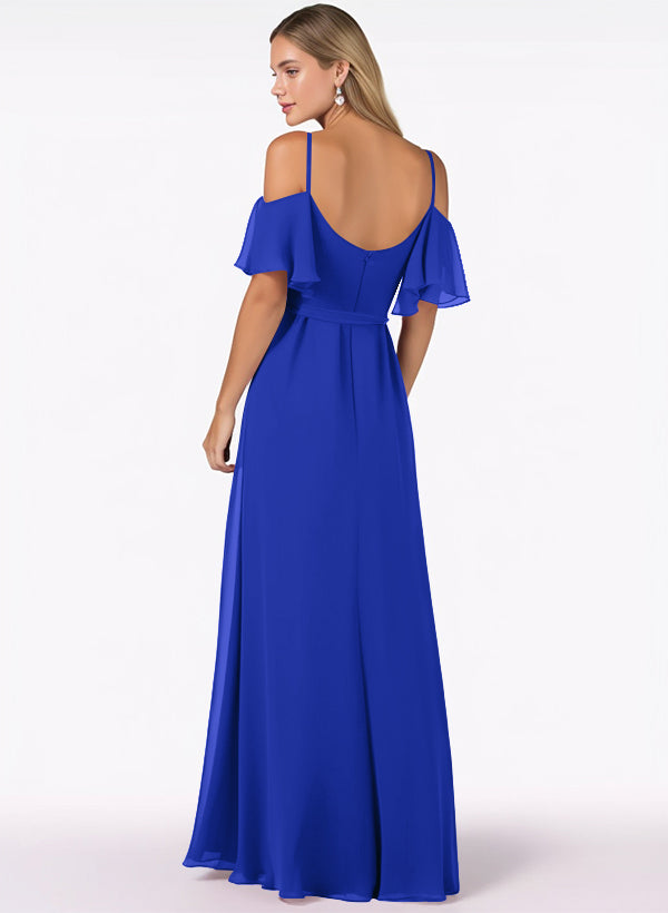 Off-The-Shoulder A-Line Bridesmaid Dresses with Short Sleeves and Split Front in Chiffon