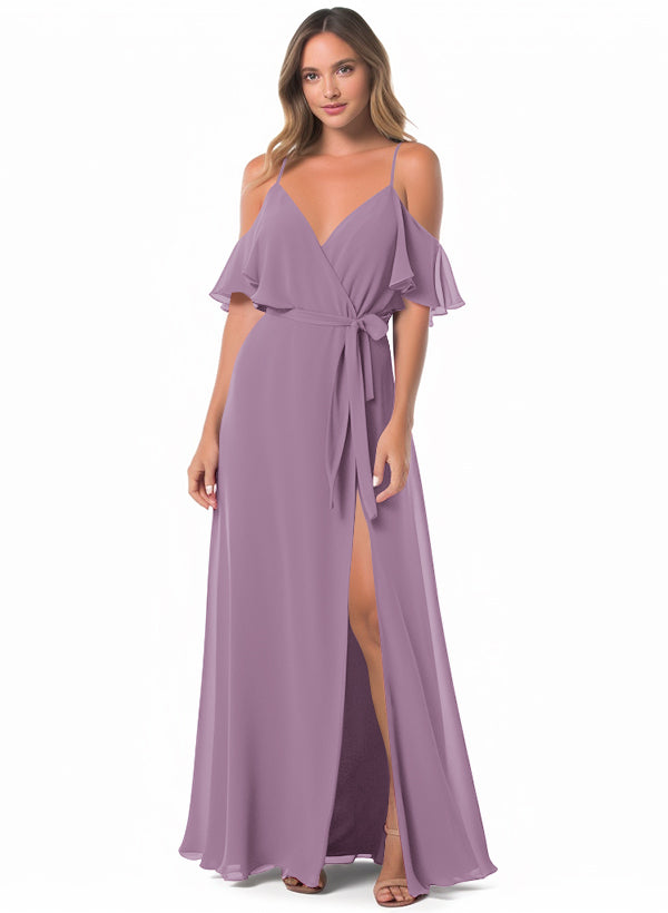 Off-The-Shoulder A-Line Bridesmaid Dresses with Short Sleeves and Split Front in Chiffon