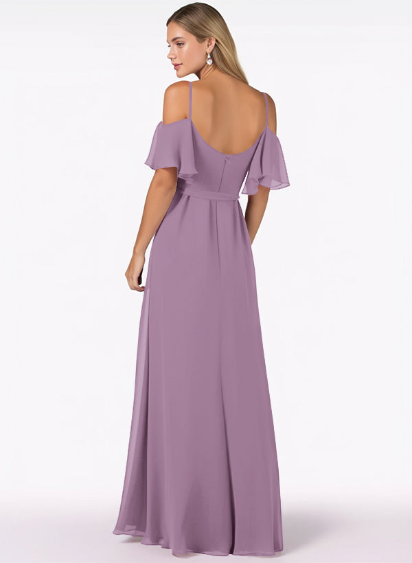 Off-The-Shoulder A-Line Bridesmaid Dresses with Short Sleeves and Split Front in Chiffon