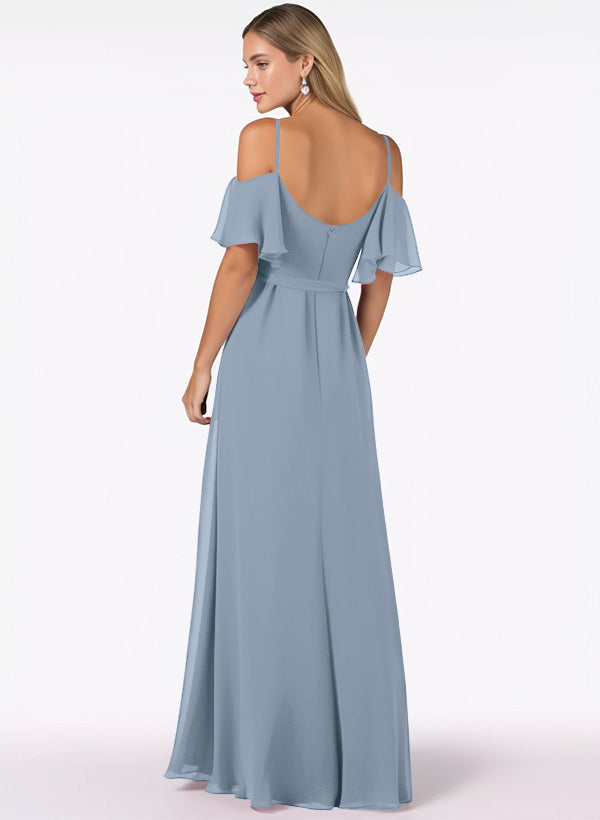 Off-The-Shoulder A-Line Bridesmaid Dresses with Short Sleeves and Split Front in Chiffon