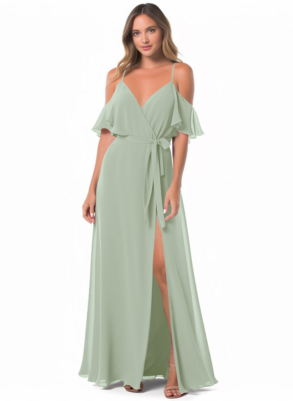 Off-The-Shoulder A-Line Bridesmaid Dresses with Short Sleeves and Split Front in Chiffon