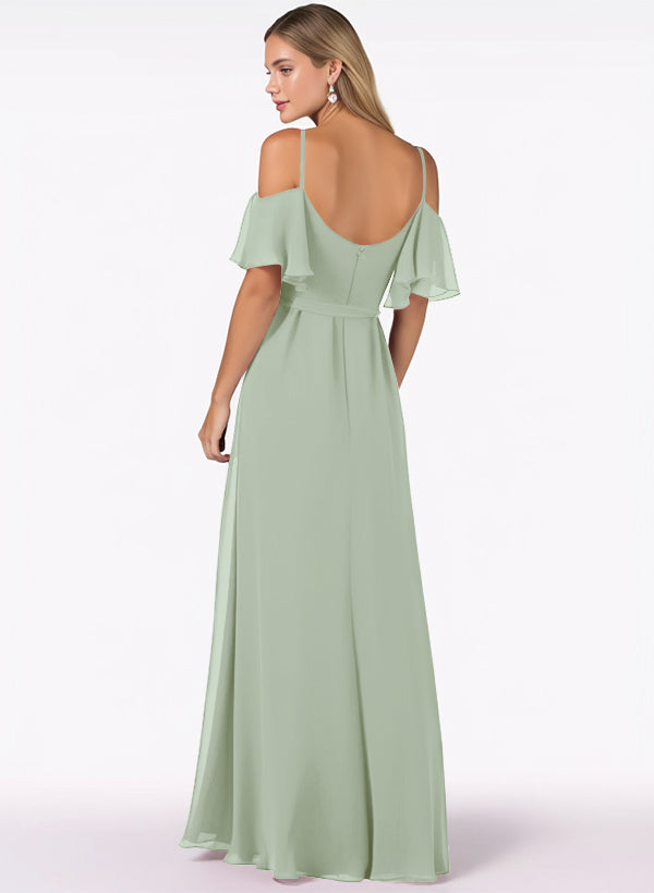 Off-The-Shoulder A-Line Bridesmaid Dresses with Short Sleeves and Split Front in Chiffon