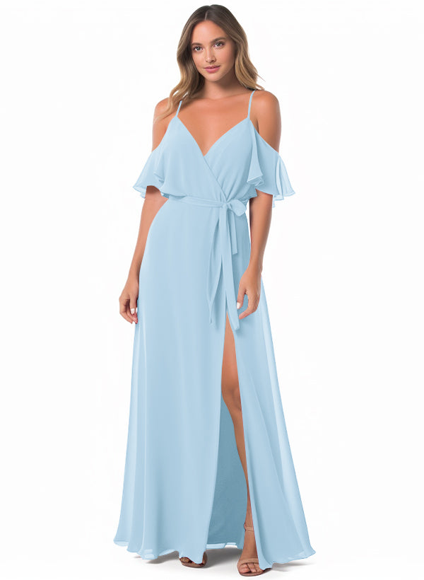 Off-The-Shoulder A-Line Bridesmaid Dresses with Short Sleeves and Split Front in Chiffon