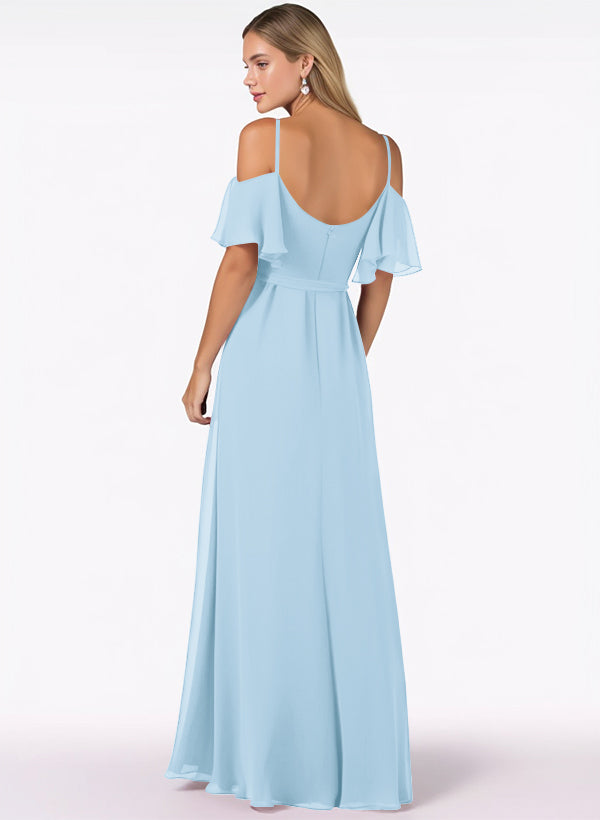 Off-The-Shoulder A-Line Bridesmaid Dresses with Short Sleeves and Split Front in Chiffon