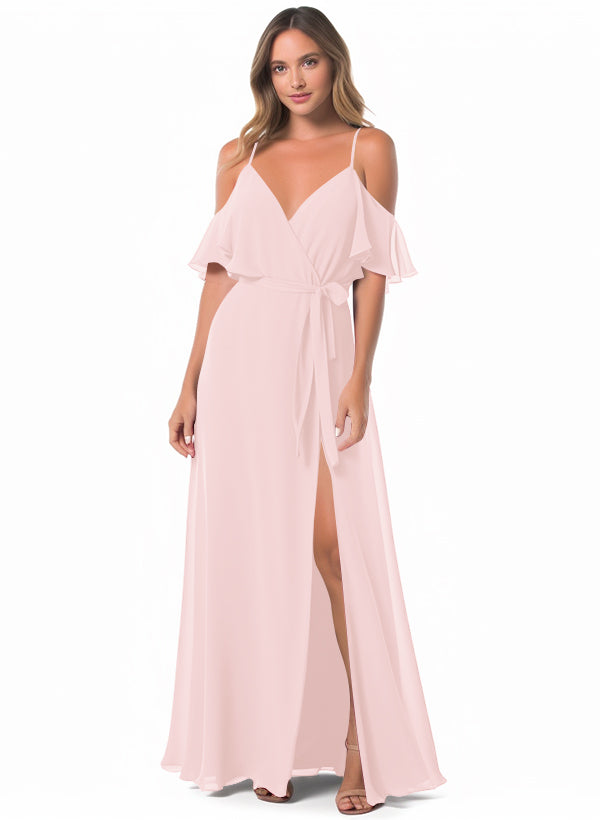 Off-The-Shoulder A-Line Bridesmaid Dresses with Short Sleeves and Split Front in Chiffon