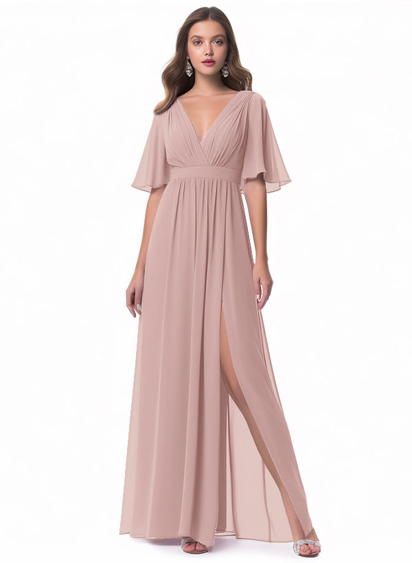 V-neck Chiffon Bridesmaid Dress with A-Line Sleeves