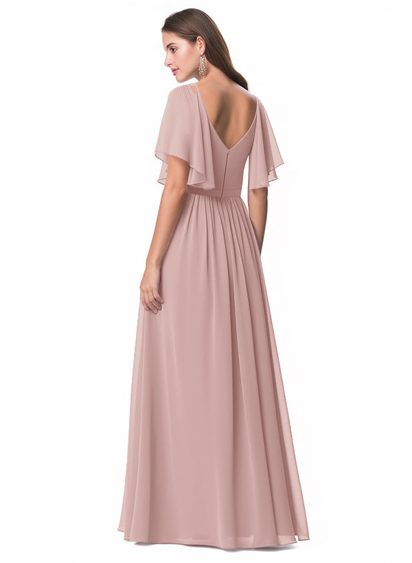 V-neck Chiffon Bridesmaid Dress with A-Line Sleeves