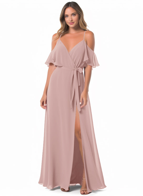 Off-The-Shoulder A-Line Bridesmaid Dresses with Short Sleeves and Split Front in Chiffon