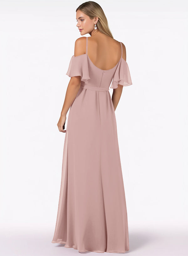 Off-The-Shoulder A-Line Bridesmaid Dresses with Short Sleeves and Split Front in Chiffon