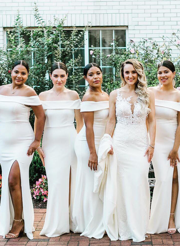 Off-the-Shoulder Ivory Fitted Slit Bridesmaid Dresses