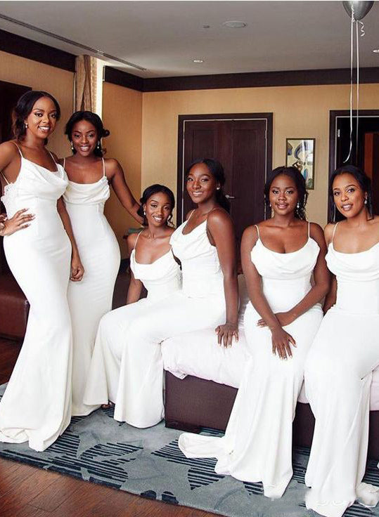 Fitted White Long Bridesmaid Dresses with Cowl Neck