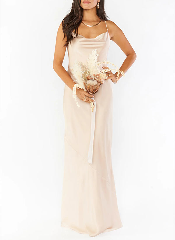 Floor-Length Silk Like Satin Bridesmaid Dresses with Sheath Cowl Neck and Sleeveless Design