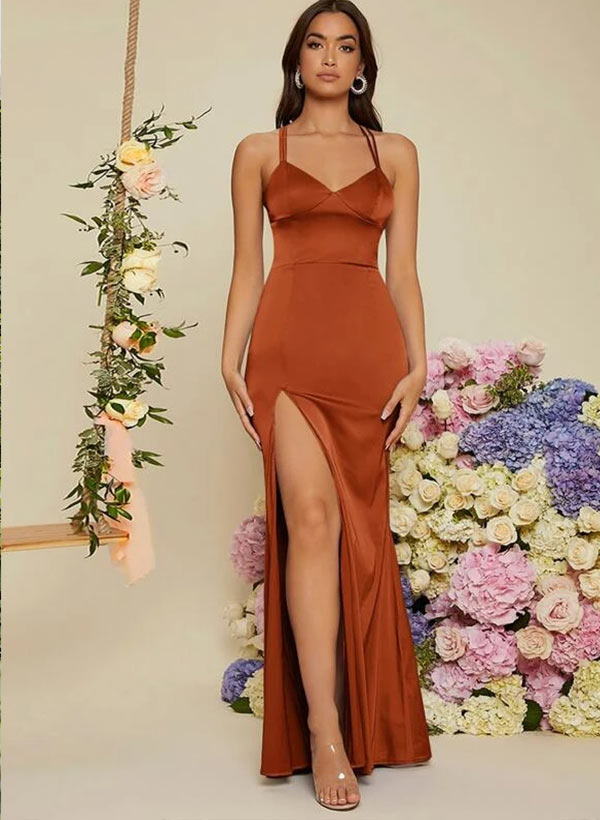 Sweetheart Sleeveless Floor-Length Bridesmaid Dress With Split Front in Silk-like Satin