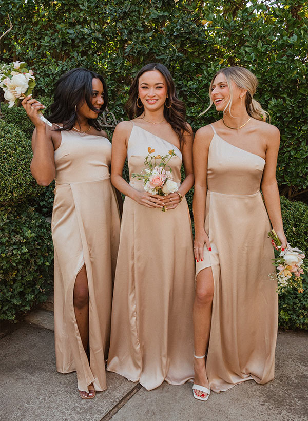 A-Line One-Shoulder Sleeveless Floor-Length Silk-like Satin Bridesmaid Dresses With Front Split