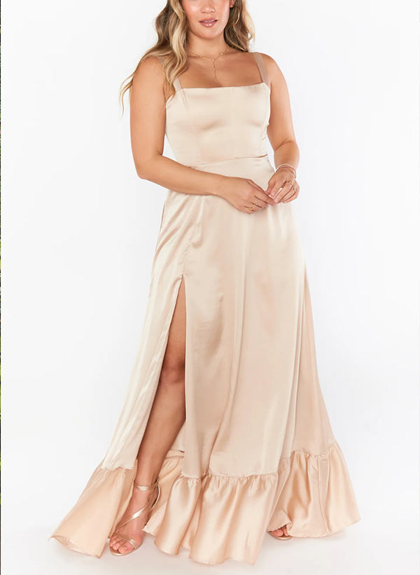 A-Line Square Neckline Sleeveless Ankle-Length Silk-like Satin Bridesmaid Dresses With Split Front