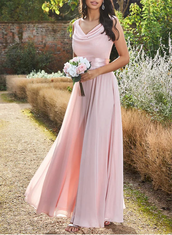 Sleeveless Floor-Length Chiffon Bridesmaid Dresses with Cowl Neck A-Line