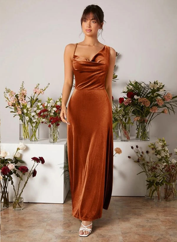 Velvet Bridesmaid Dresses with Sheath Cowl Neck and Sleeveless Design