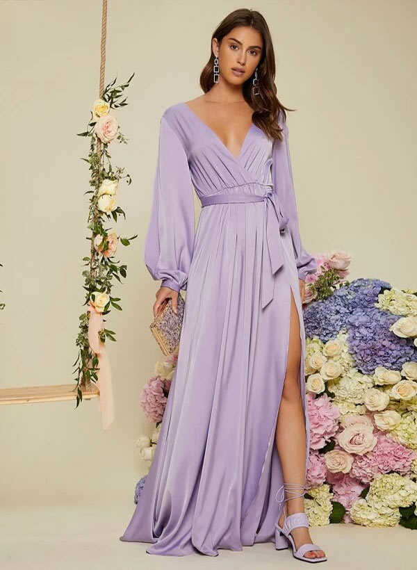 A-Line V-neck Long Sleeves Floor-Length Charmeuse Bridesmaid Dresses With Split Front