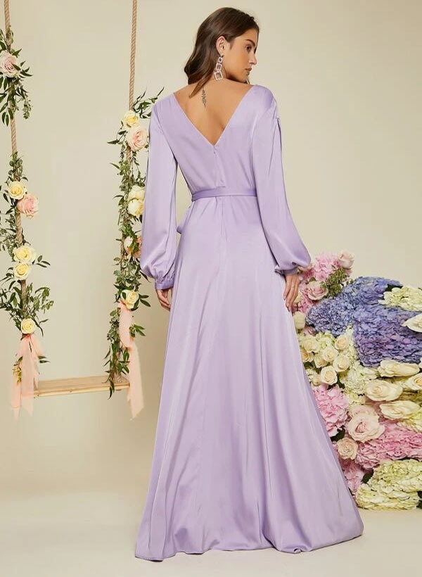 A-Line V-neck Long Sleeves Floor-Length Charmeuse Bridesmaid Dresses With Split Front