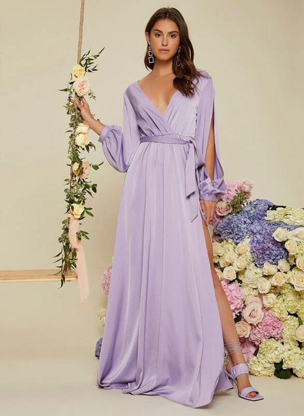 A-Line V-neck Long Sleeves Floor-Length Charmeuse Bridesmaid Dresses With Split Front