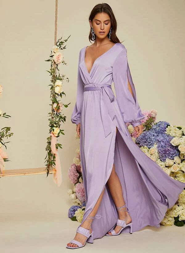 A-Line V-neck Long Sleeves Floor-Length Charmeuse Bridesmaid Dresses With Split Front