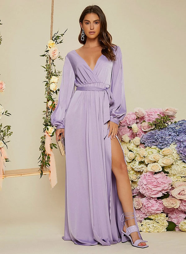 A-Line V-neck Long Sleeves Floor-Length Charmeuse Bridesmaid Dresses With Split Front