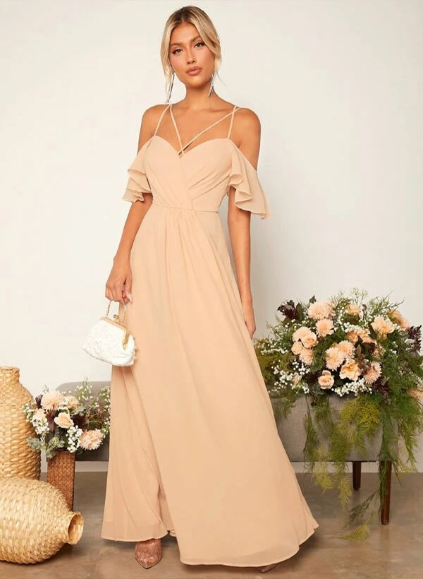 Short Sleeves Floor-Length Chiffon Bridesmaid Dresses With Ruffle