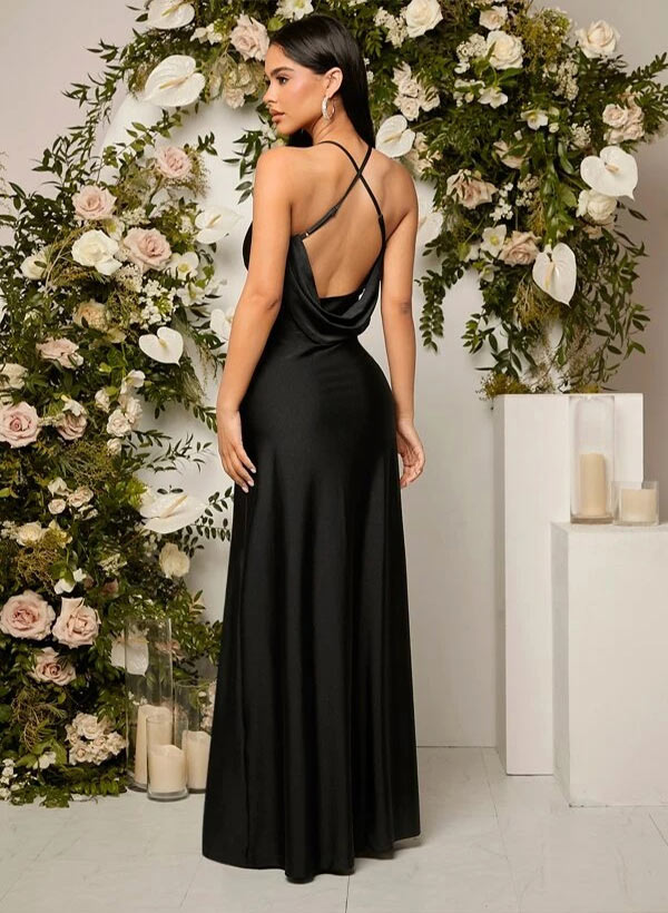 V-neck Sleeveless Floor-Length Satin Bridesmaid Dresses With Split Front