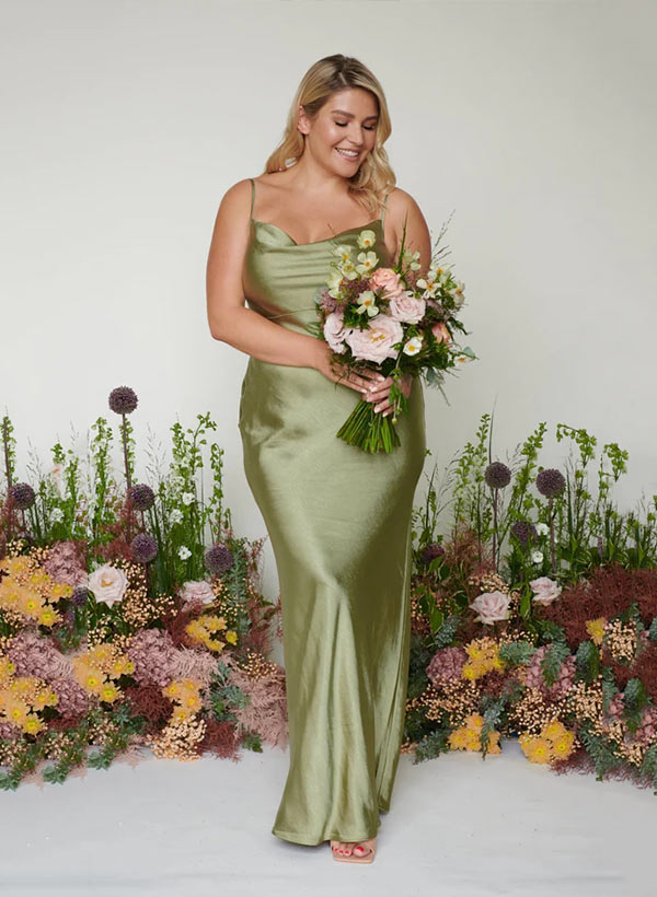 Floor-Length Silk-like Satin Bridesmaid Dresses with Cowl Neck and Sleeveless