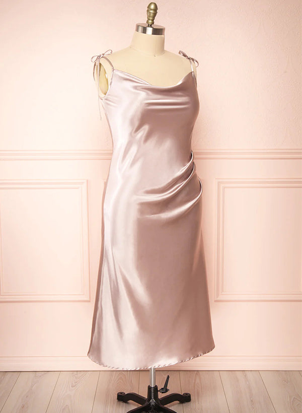 Ankle-Length A-Line Cowl Neck Satin Bridesmaid Dress With Split Front