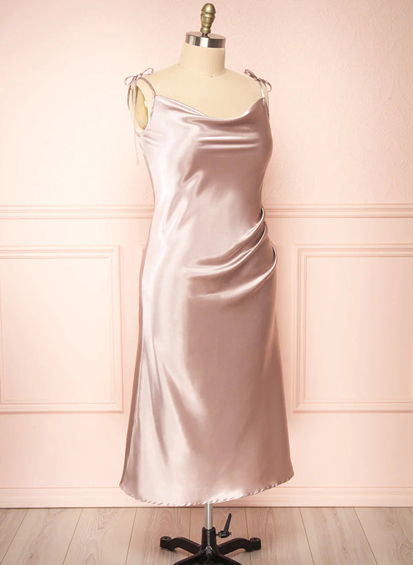 Ankle-Length Satin Bridesmaid Dresses with Split Front A-Line Cowl Neck Sexy Short