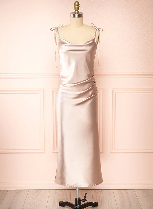 Ankle-Length A-Line Cowl Neck Satin Bridesmaid Dress With Split Front