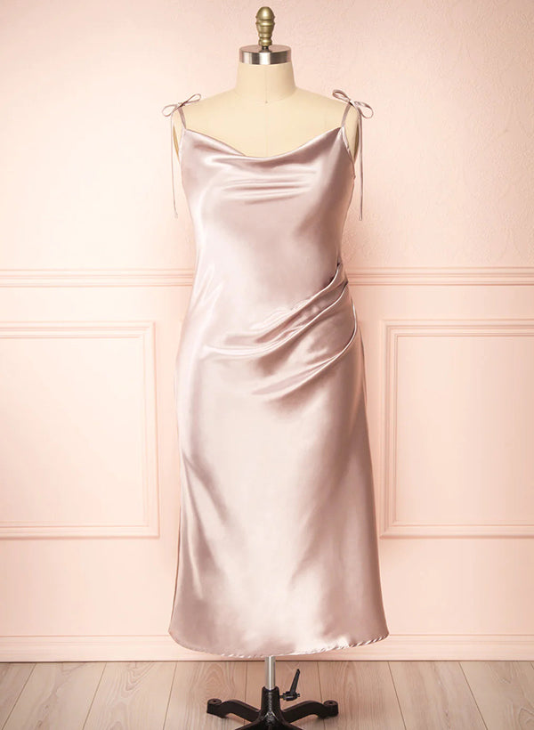 Ankle-Length A-Line Cowl Neck Satin Bridesmaid Dress With Split Front