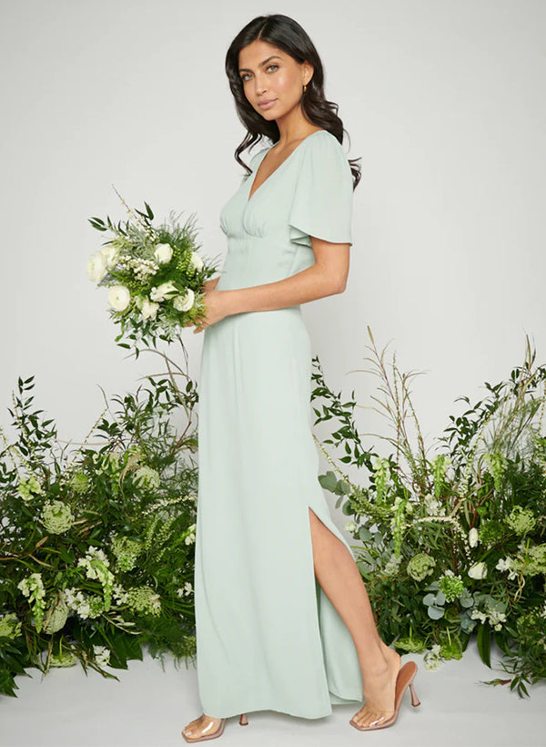 Elegant Chiffon Bridesmaid Dresses With Split Front A-Line V-neck Short Sleeves