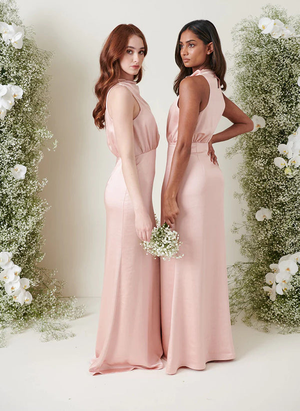 Elegant Satin Bridesmaid Dresses - Sheath/Column Cowl Neck Sleeveless Floor-Length