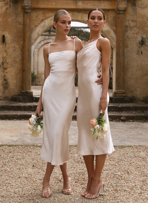 One-Shoulder Sleeveless Tea-Length Charmeuse Bridesmaid Dress