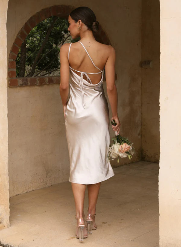 One-Shoulder Sleeveless Tea-Length Charmeuse Bridesmaid Dress