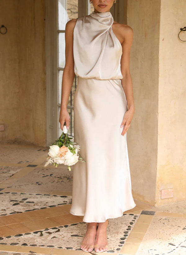 Sleeveless Ankle-Length Charmeuse Bridesmaid Dresses