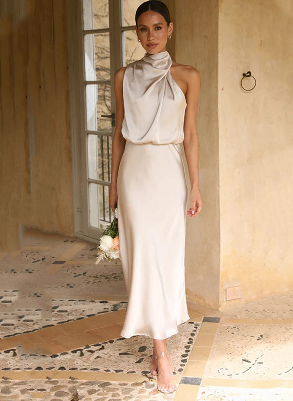 Sleeveless Ankle-Length Charmeuse Bridesmaid Dresses