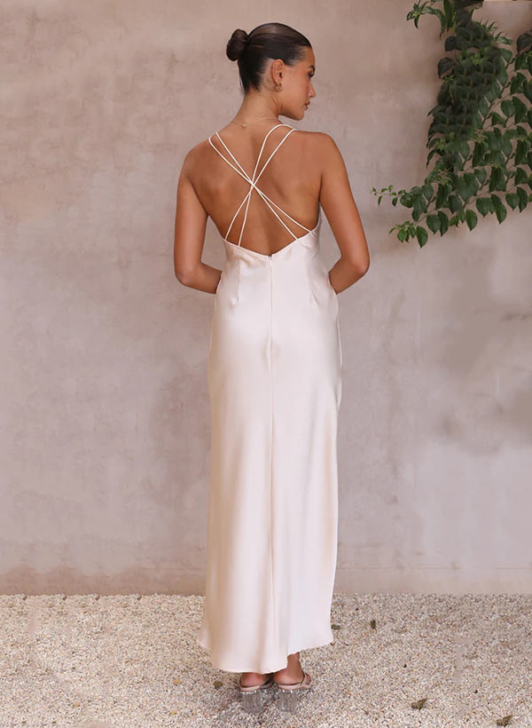 V-neck Sleeveless Ankle-Length Charmeuse Bridesmaid Dresses With Split Front