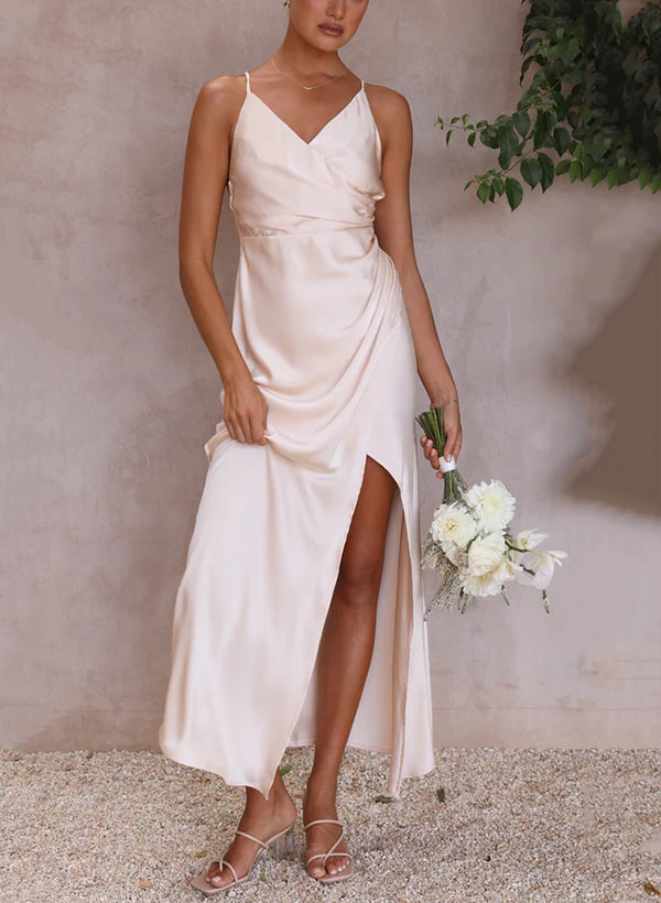 V-neck Sleeveless Ankle-Length Charmeuse Bridesmaid Dresses With Split Front