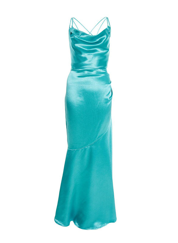 Floor-Length Satin Bridesmaid Dresses with Sheath/Column Cowl Neck and Cross Back