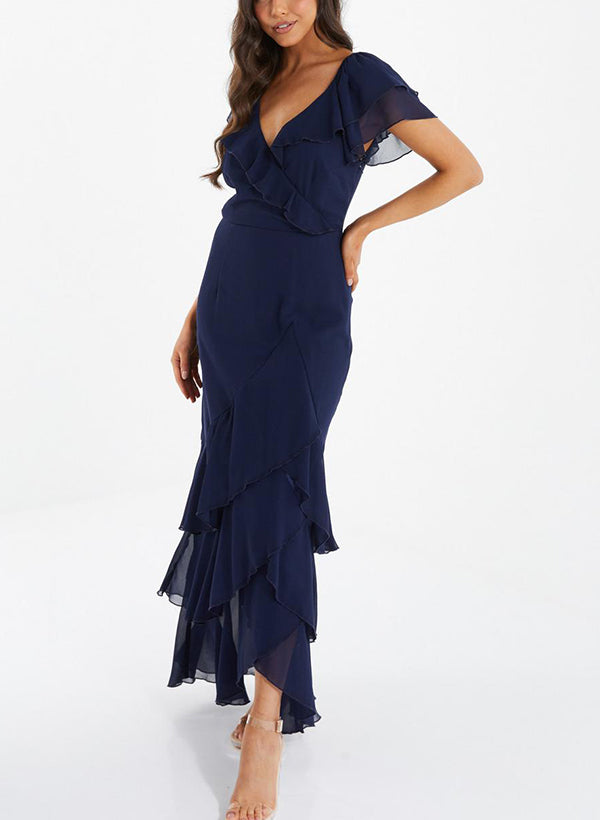 V-neck Short Sleeves Chiffon Bridesmaid Dresses With Ruffle