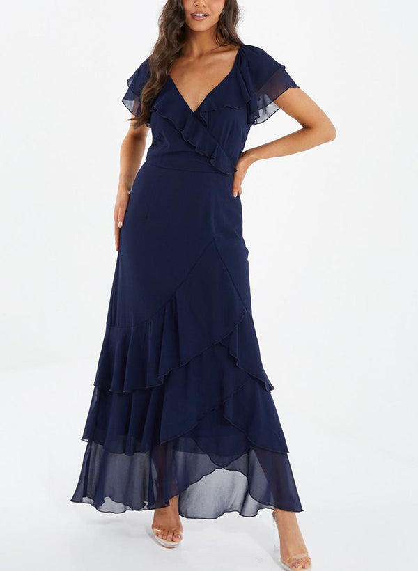 V-neck Short Sleeves Chiffon Bridesmaid Dresses With Ruffle