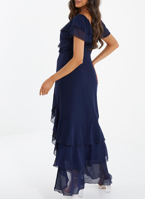 V-neck Short Sleeves Chiffon Bridesmaid Dresses With Ruffle