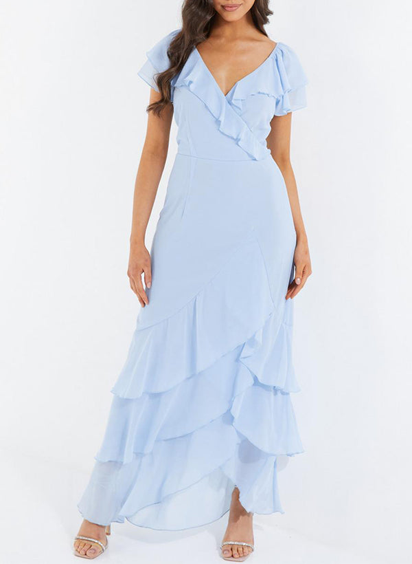 V-neck Short Sleeves Chiffon Bridesmaid Dresses With Ruffle