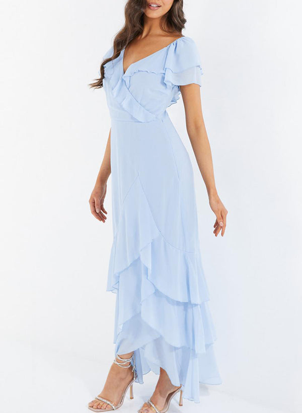 V-neck Short Sleeves Chiffon Bridesmaid Dresses With Ruffle