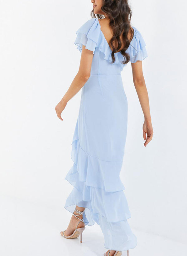 V-neck Short Sleeves Chiffon Bridesmaid Dresses With Ruffle