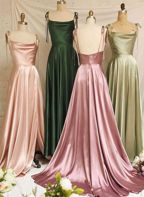 Satin Bridesmaid Dresses With High Split A-Line Cowl Neck Sexy Spaghetti Straps